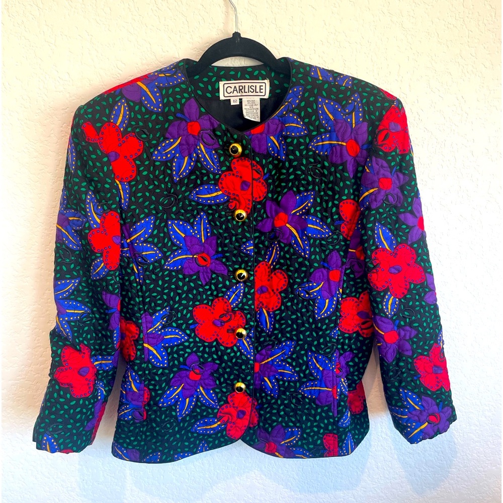 Vintage Carlisle Quilted Jacket Floral Gold Buttons Silk Wool Lined Size 12